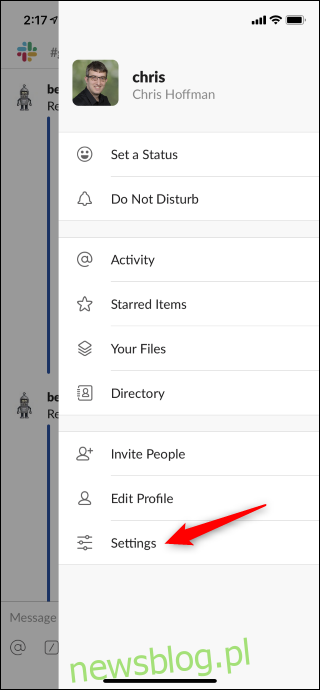 Otwórz ekran Ustawienia z menu paska bocznego w Slacku na iPhonie