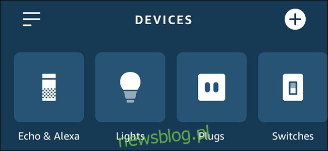 Aplikacja Alexa pokazująca światła, wtyczki i przełączniki.