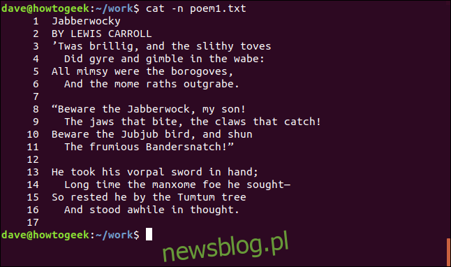 zawartość poem1.txt z ponumerowanymi wierszami w oknie terminala