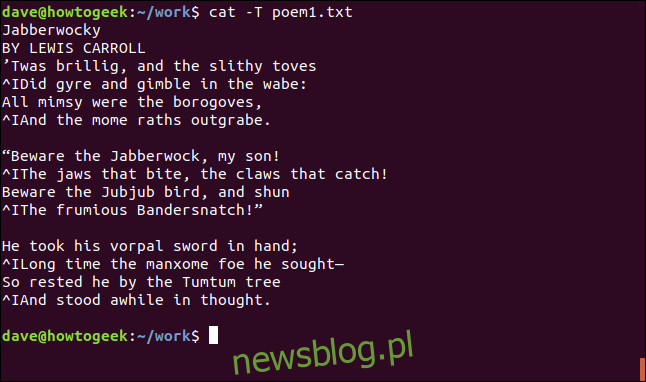 zawartość poem1.txt z zakładkami wyświetlanymi w oknie terminala