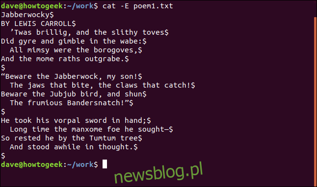zawartość poem1.txt z końcami linii wyświetlanymi w oknie terminala