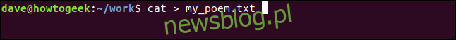 cat> my_poem.txt w oknie terminala ”width =” 646 ″ height = ”57 ″ onload =” pagespeed.lazyLoadImages.loadIfVisibleAndMaybeBeacon (this); ”  onerror = ”this.onerror = null; pagespeed.lazyLoadImages.loadIfVisibleAndMaybeBeacon (this);”> </p>
<p> Możemy zacząć pisać, gdy tylko wydamy polecenie.  Gdy skończymy, naciskamy Ctrl + D.  Następnie możemy sprawdzić zawartość nowego pliku: </p>
<pre> cat my-poem.txt </pre>
<p> <img loading =
