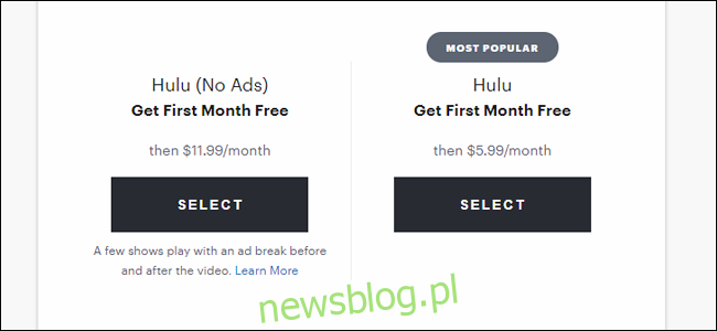 Strona rejestracyjna Hulu z ładnymi, niskimi cenami.