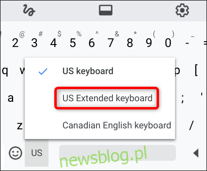 Na klawiaturze ekranowej kliknij język wprowadzania tekstu (USA), a następnie wybierz Rozszerzona klawiatura amerykańska