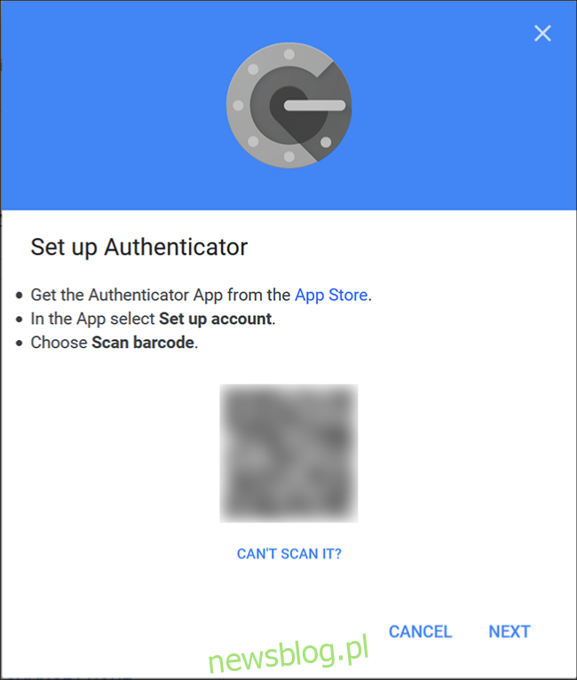 Ekran Google Authenticator, na którym skanujesz kod QR za pomocą aplikacji na telefonie.