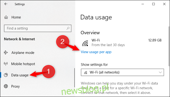Opcja przeglądania użycia danych na aplikację w Ustawieniach systemu Windows 10
