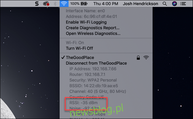 Podmenu MacOS Wi-Fi pokazujące wejście RSSI mierzone w dBm.