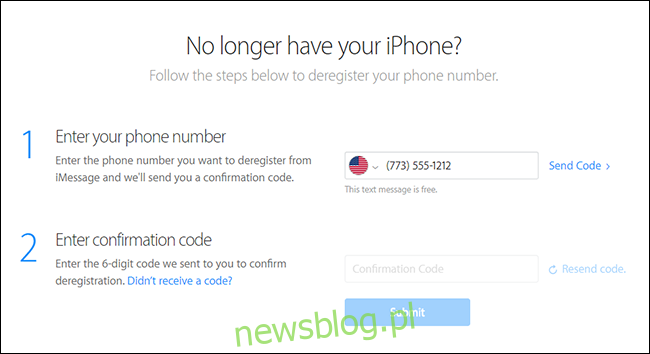Wpisz swój numer telefonu i kod potwierdzenia w witrynie samopomocy Apple, aby wyrejestrować się z iMessage.