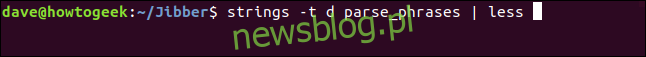strings -td parse_phrases |  mniej w oknie terminala