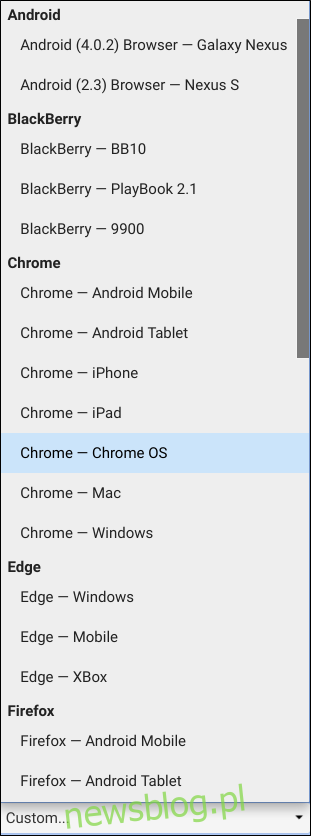 Lista wyboru wszystkich wstępnie skonfigurowanych agentów użytkownika w Chrome.