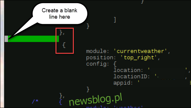 kod modułów, z nową linią wstawioną po} i przed {