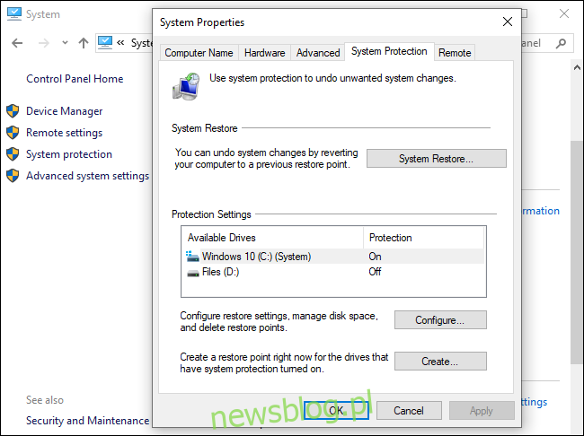 Opcje przywracania systemu w systemie Windows 10.