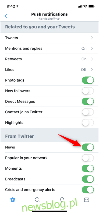 Możliwość wyłączenia powiadomień push z Twitter News for You w aplikacji na iPhone'a