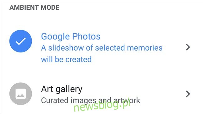 Ustawienia Google Home Ambient Mode z wybranymi Zdjęciami Google.