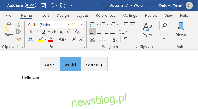 Przewidywanie tekstu systemu Windows 10 dla klawiatury sprzętowej w programie Microsoft Word.