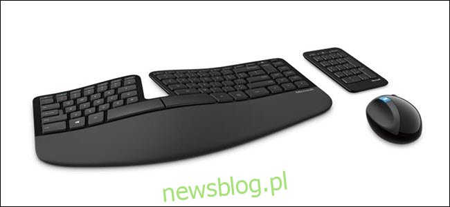 Bezprzewodowa rzeźba firmy Microsoft, ergonomiczna klawiatura, klawiatura numeryczna i mysz.