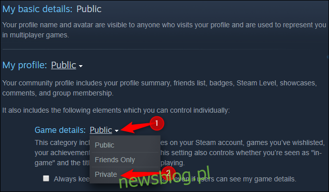 Ustawienie szczegółów gry na prywatne w Steam