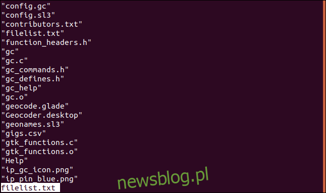 Zawartość nazw plików.txt w mniej w oknie terminala.
