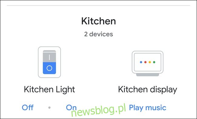 Grupa pomieszczeń w kuchni domowej Google, pokazująca światło i wyświetlacz gniazda.