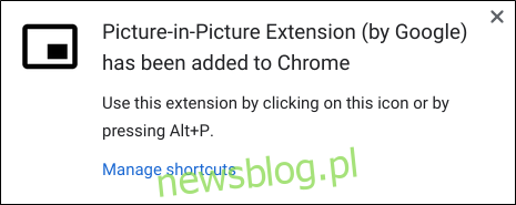 Powiadomienie, że rozszerzenie zostało pomyślnie zainstalowane w Chrome.