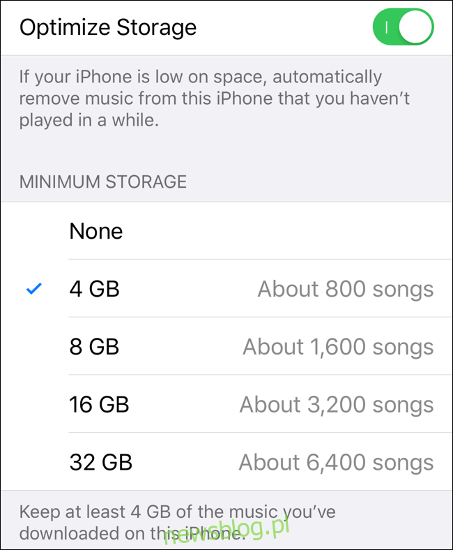 Wybierz Minimalna ilość miejsca w Optymalizuj przestrzeń dyskową dla Apple Music