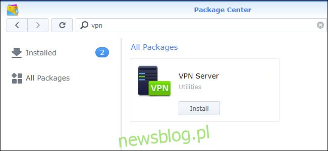 Centrum pakietów z pokazaną instalacją serwera VPN.