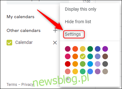 Opcja ustawień Kalendarza Google dla kalendarza udostępnionego.