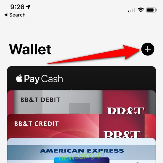 Przycisk dodawania karty do portfela Apple iPhone