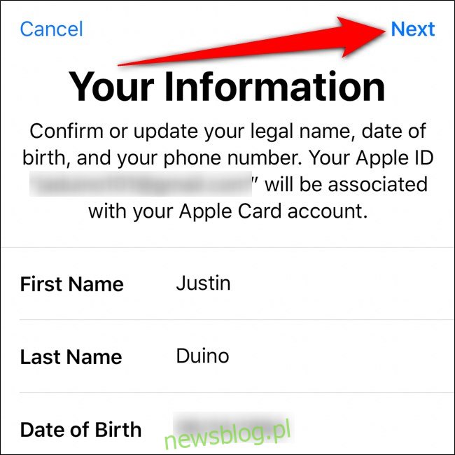Portfel iPhone Potwierdź swoje dane Stuknij Dalej