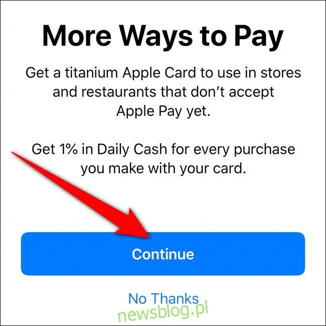 Portfel iPhone Zamów tytanową kartę Apple Kliknij Kontynuuj