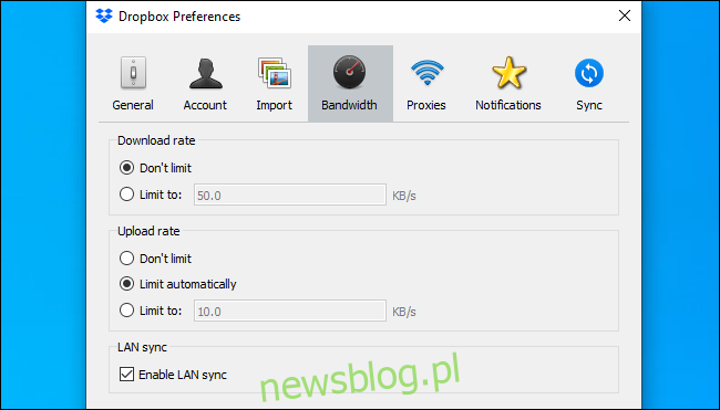 Preferencje Dropbox pokazujące opcje Włącz synchronizację LAN