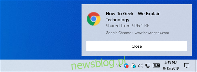 Powiadomienie o udostępnionej karcie w Google Chrome w systemie Windows 10