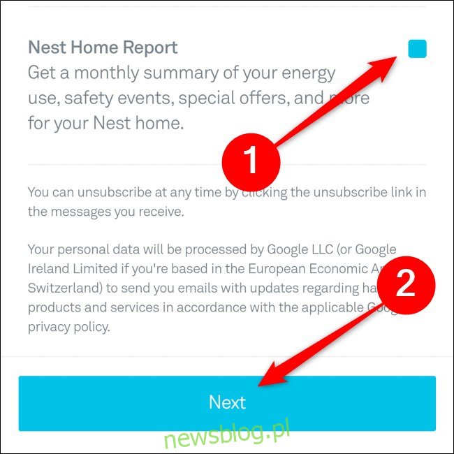 Aplikacja Nest Wybierz e-maile do odebrania Kliknij Dalej