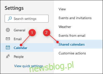 Ustawienia kalendarza programu Outlook z wyróżnionymi ustawieniami kalendarza udostępnionego.
