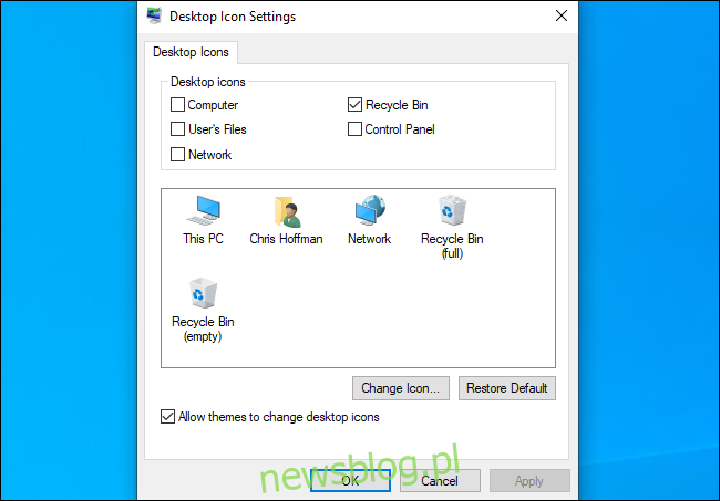 Okno dialogowe ustawień ikon pulpitu systemu Windows