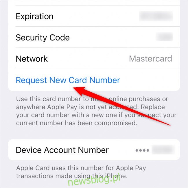 Przycisk żądania nowego numeru karty iPhone Apple Card