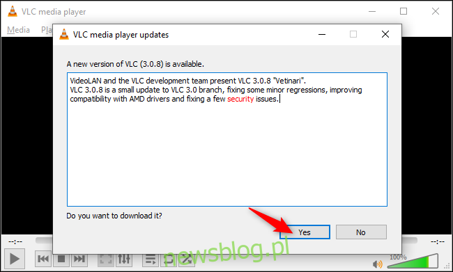 Instalowanie dostępnej aktualizacji w odtwarzaczu multimedialnym VLC w systemie Windows 10