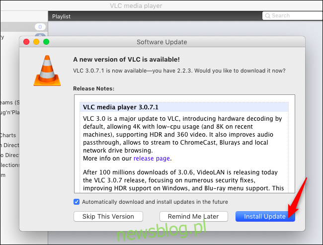 Instalowanie aktualizacji w VLC na macOS