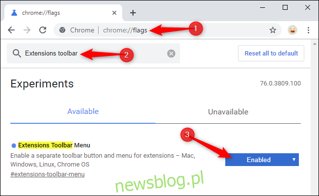 Włączam nowe menu paska narzędzi Rozszerzenia Chrome na stronie z flagami