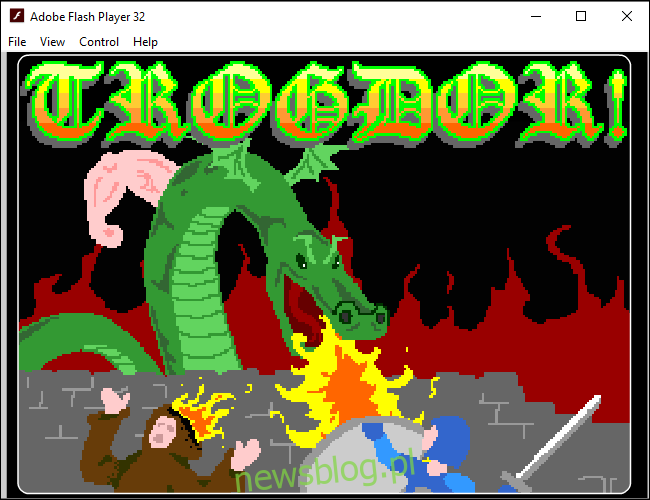 Ekran powitalny gry Trogdor w samodzielnym programie Adobe Flash Player w systemie Windows