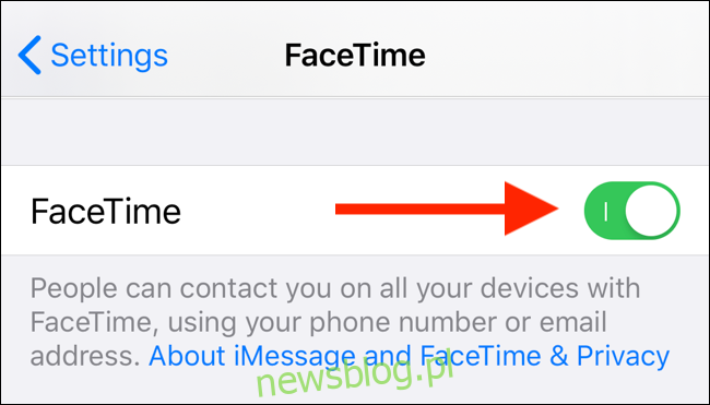 Stuknij przełącznik FaceTime, aby wyłączyć FaceTime na iPhonie lub iPadzie