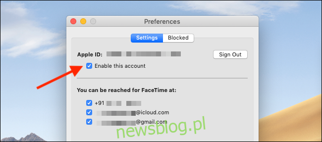 Usuń zaznaczenie przycisku Włącz to konto w Preferencjach FaceTime, aby wyłączyć FaceTime na komputerze Mac