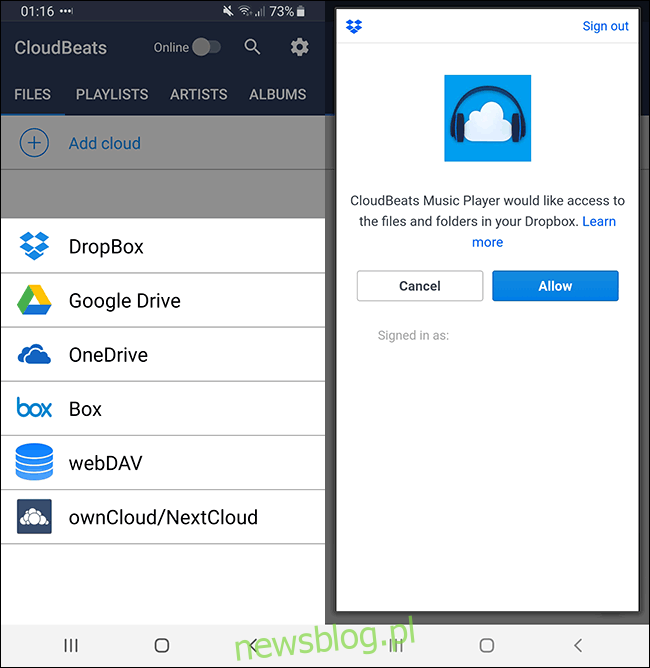 Aplikacja Cloudbeats na Androida pokazująca opcje uwierzytelniania Dropbox