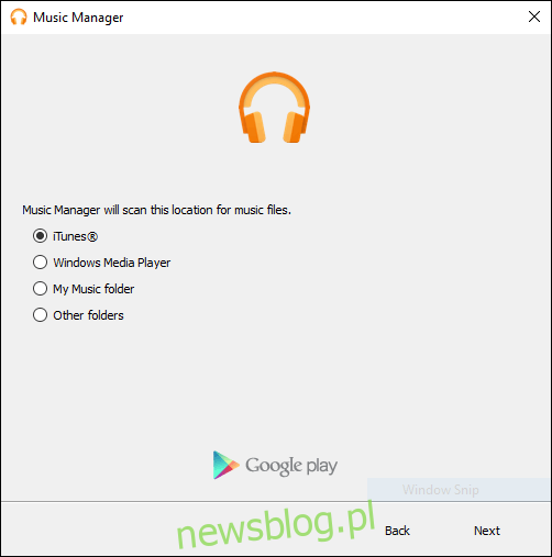 Ekran konfiguracji wstępnego skanowania Menedżera muzyki Google Play