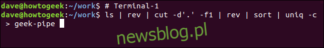 ls |  rev |  cut -d '.'  -f1 |  rev |  sort |  uniq -c> geek-pipe w oknie terminala ”width =” 646 ″ height = ”97 ″ onload =” pagespeed.lazyLoadImages.loadIfVisibleAndMaybeBeacon (this); ”  onerror = ”this.onerror = null; pagespeed.lazyLoadImages.loadIfVisibleAndMaybeBeacon (this);”> </p>
<p> Wydaje się, że nic szczególnego się nie wydarzy.  Możesz jednak zauważyć, że nie wracasz do wiersza poleceń, więc coś się dzieje. </p>
<p> W drugim oknie terminala wydaj to polecenie: </p>
<pre> cat <geek- pipe </pre>
<p> <img loading =