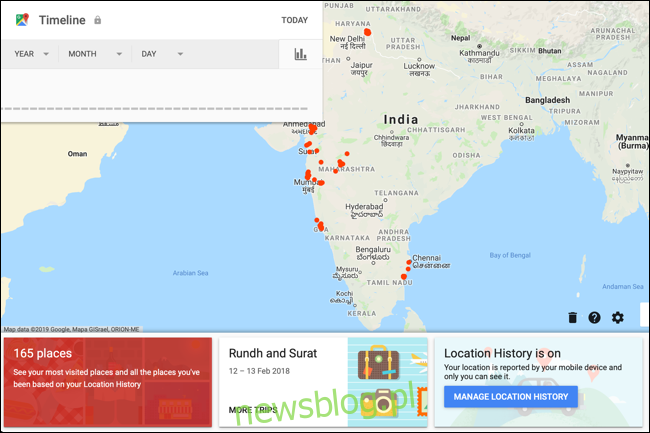 Widok osi czasu w Mapach Google dla Twojego konta, pokazujący mapę Twojego kraju