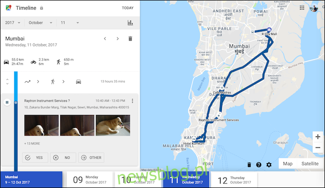 Spójrz na dane historii lokalizacji z danego dnia w widoku osi czasu Map Google