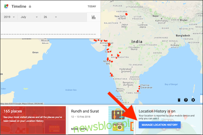 Kliknij przycisk Zarządzaj historią lokalizacji na stronie Oś czasu Map Google