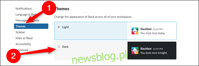 Slack for Desktop Click Themes, a następnie kliknij Dark
