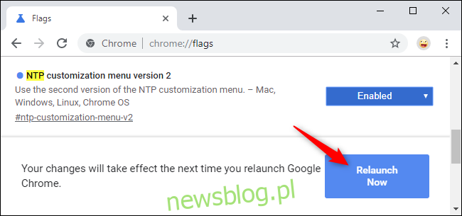 Ponowne uruchomienie Chrome po włączeniu nowego menu dostosowywania NTP.